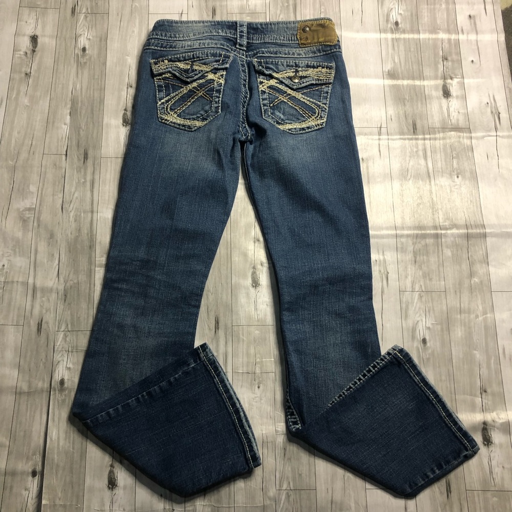 Silver Jeans Womens 27 Suki Pioneer Distressed Patched Bootcut Jeans